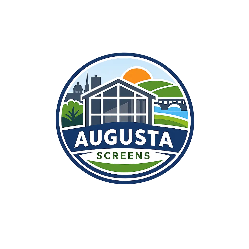 Augusta Screens logo featuring screened enclosure, skyline, bridge, and outdoor landscape elements in Augusta, GA